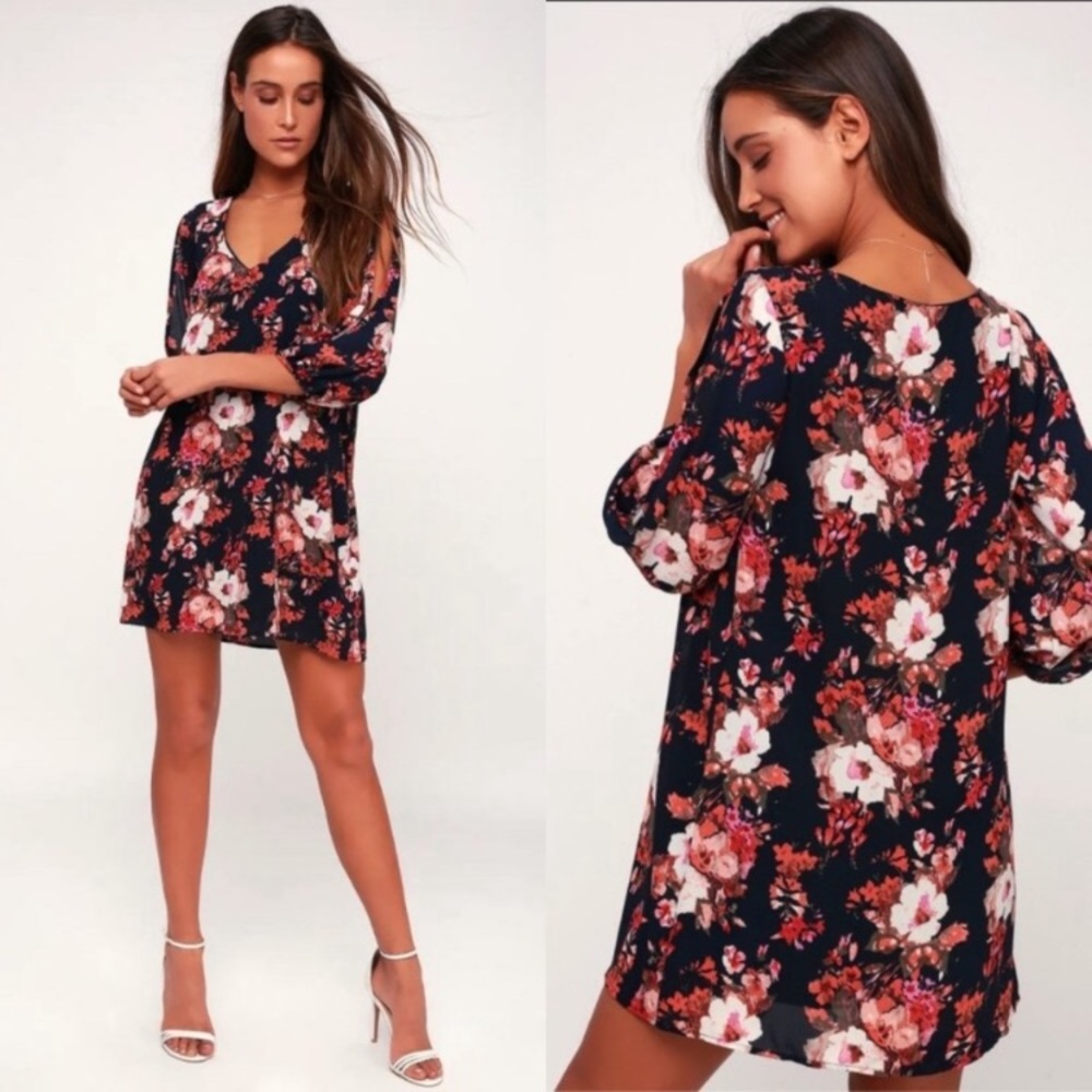 Lulu’s Floral 3/4 Sleeve Cut out Sleeve Mini Dress Wedding Festival Sz Xsmall